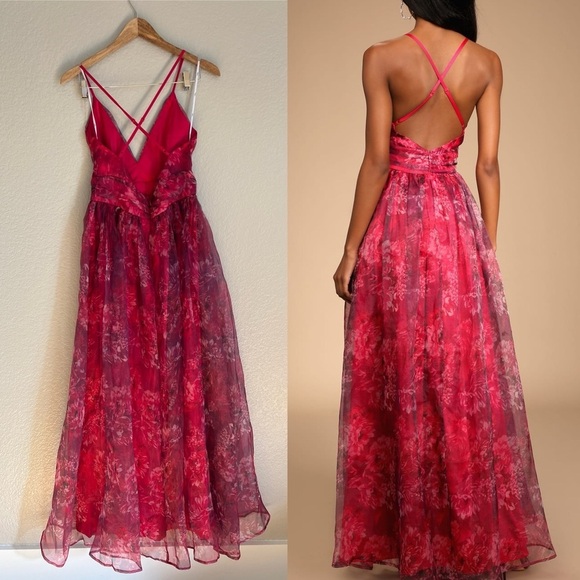 NWOT Lulus Romance That Wows Magenta Floral Print Organza Maxi Dress - Picture 2 of 8